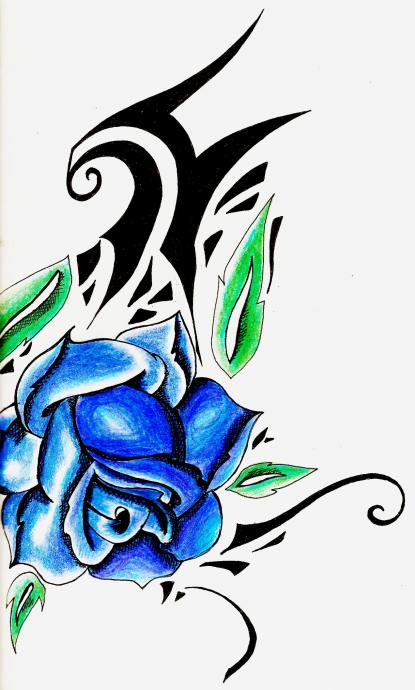 Blue Rose Combine with Tribal Tattoo Sketch Design