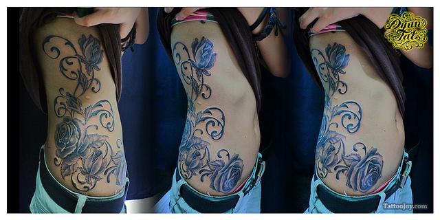 Great Blue Rose Tattoo Design on Side Body