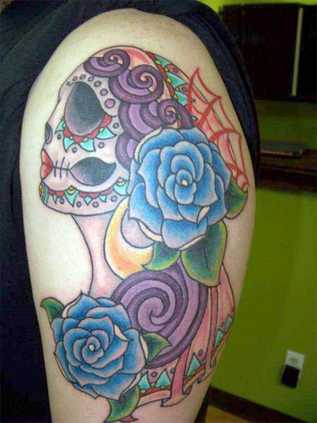 Mexican Sugar Skull Maiden with Blue Roses Tattoo Ink Art
