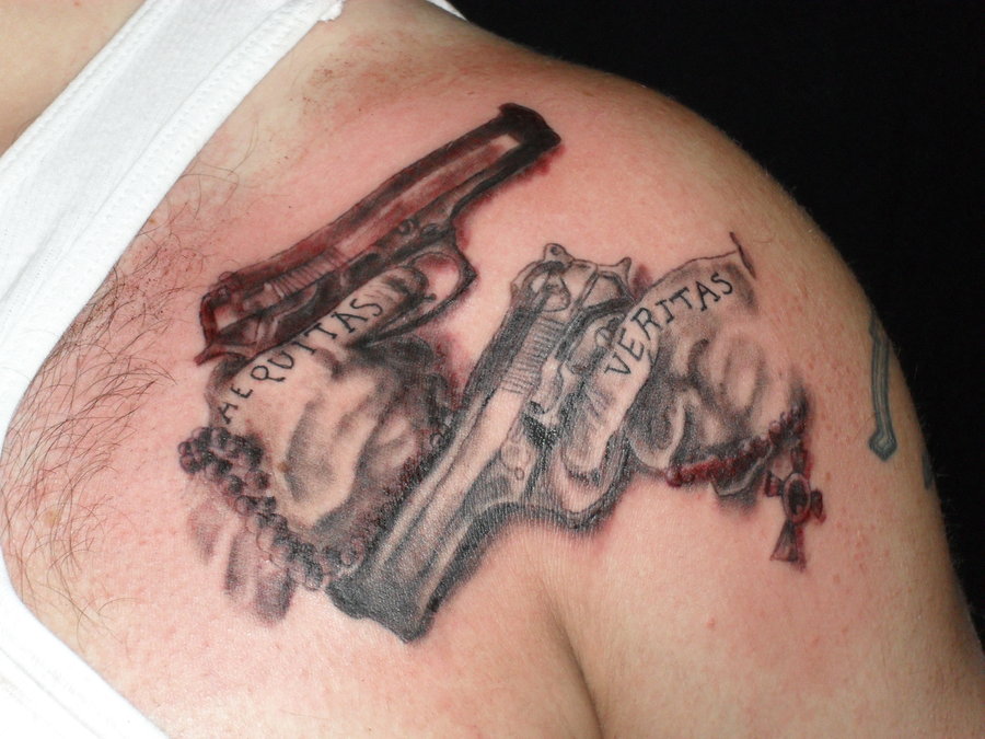 Boondock Saints Tattoo Hands Holding Guns, Bearing Veritas And Aequitas