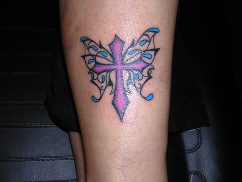 Cross and Butterfly Purple Shaped Tattoo Design
