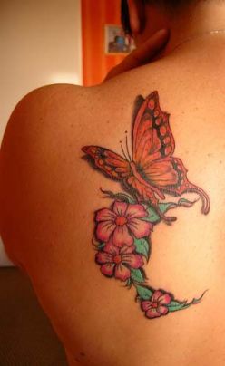 Butterfly And Flower Tattoos On Back