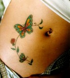 Green Flower Butterfly Belly Tattoo Design