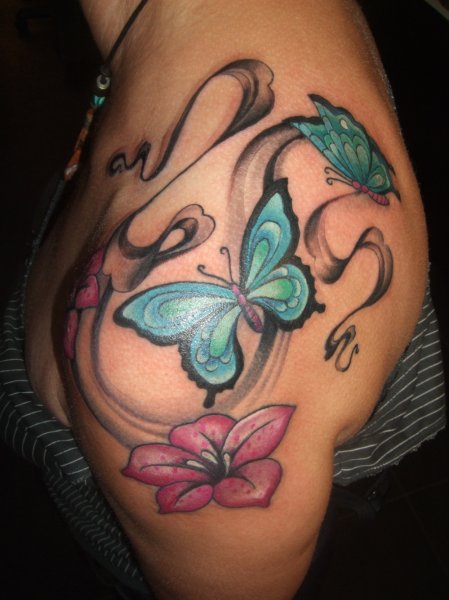 Big Set Flower Butterfly Tattoo on Shoulder