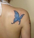 Blue Butterfly Tattoo Design on Women Back Shoulder