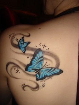 Two Blue Butterflies Tattoo Back Shoulder Design