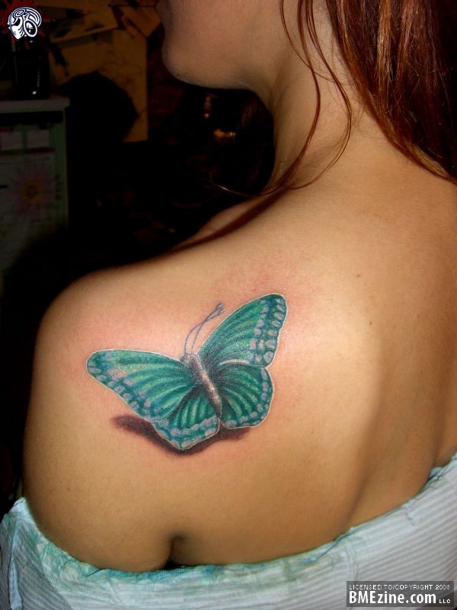 Amazing Green 3D Butterfly Tattoo on Women Back Shoulder