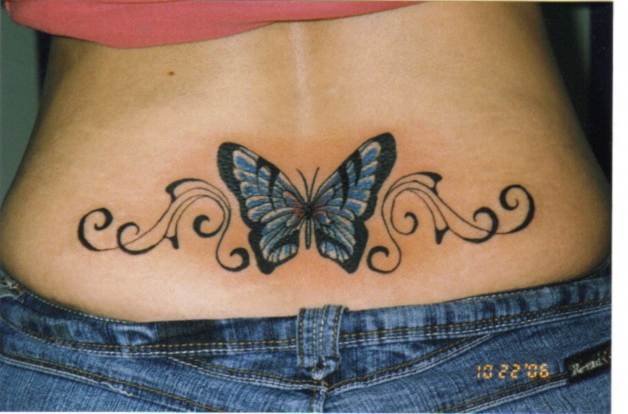 Art Blue Butterfly Swirl Tattoo on Women Back