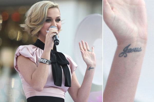 Celebrities Katy Perry with Amazing Jesus Wrist Tattoos
