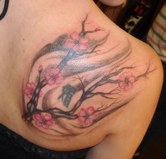 Sweet Cherry Blossom Tattoo on Left Back for Woman