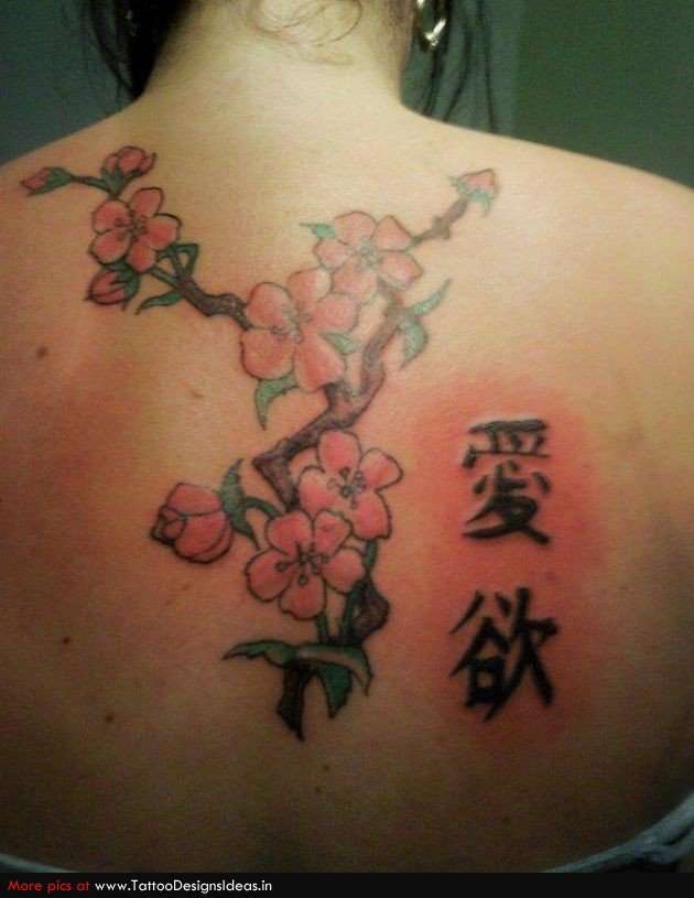 Tattoo Design Of Cherry Blossom on Back for Woman