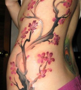 Side Abdomen Cherry Blossom Tree Tattoo Designs For Woman