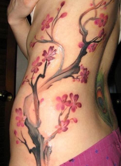 Side Abdomen Cherry Blossom Tree Tattoo Designs For Woman