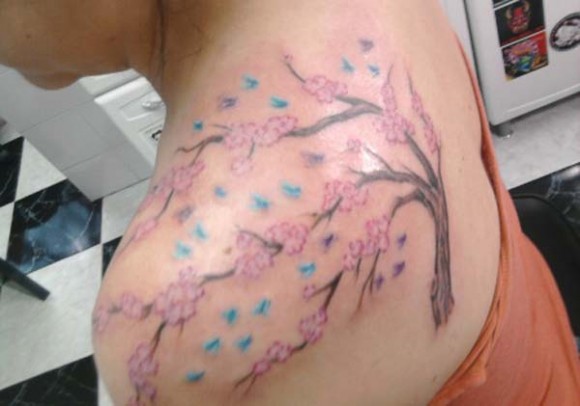 Cherry Tree Back To Shoulder Tattoo Design