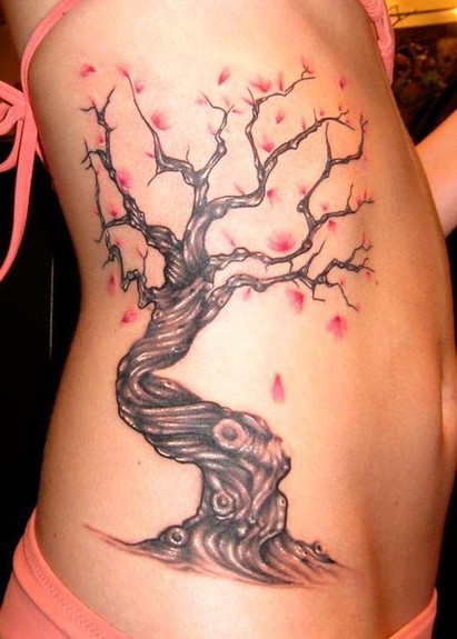 Side Abdomen Cherry Blossom Tree Tattoo