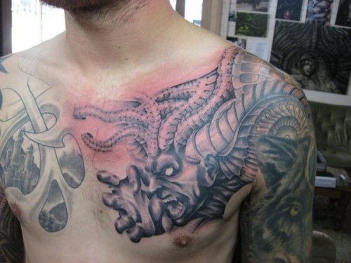 Stunning Demonic Chest to Sleeve Tattoo Designs for Men – Chest Piece Tattoos