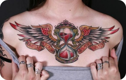 Beautiful Winged Sand-Watch Chest Piece Tattoo Designs For Women / Girls