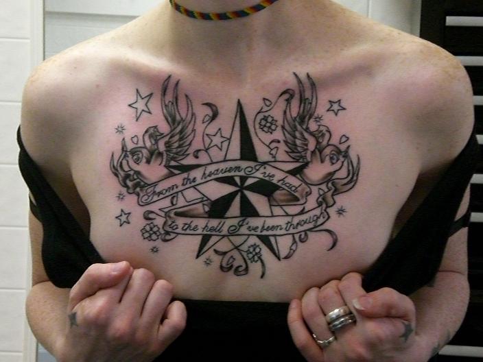 Swirly Ribbon Stars and Angels Chest Piece Tattoo by Truthisabsolution (Deviantart)