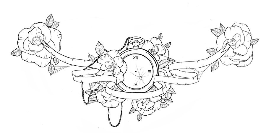 Lovely Pocket-watch and Flowers Chest Piece Tattoo Design by Ziuuziuu