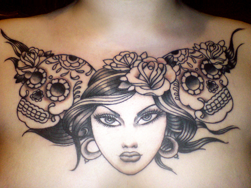 Beautiful Woman and Mexican Sugar Skulls Chest Piece Tattoo Designs for Women