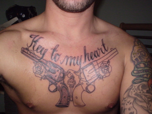 “Key to My Heart” Guns Chest Piece Tattoo Design for Men – Chest Piece Tattoos