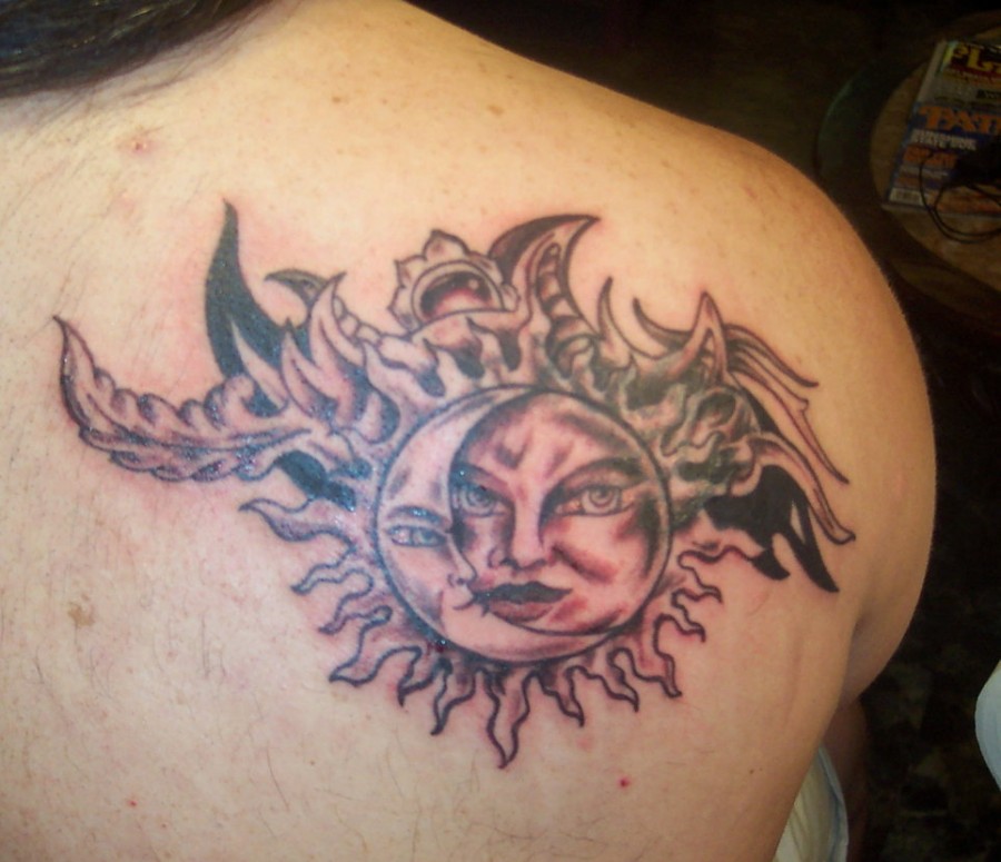 Swirl Fiery Sun and moon Back Tattoo Design for Women
