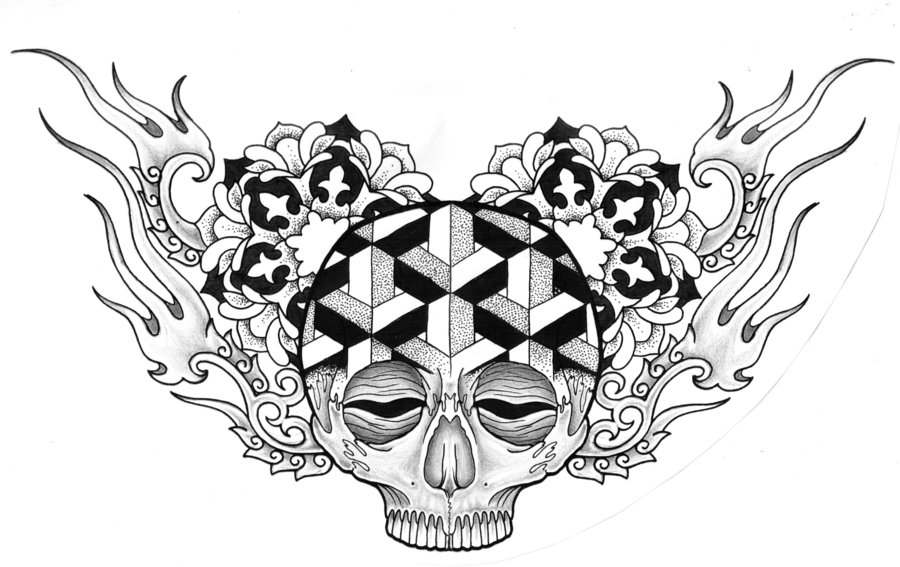 Fiery and Flowery Mexican Skull Chest Tattoo Design by Becky May