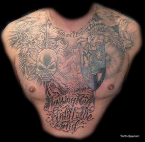 Gothic and Mythical Creature Battle Chest Piece Tattoo Design for Men