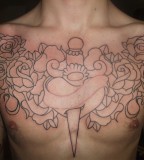 Awesome Flowers and Ribbon-wrapped Dagger Chest Piece Tattoo Designs for Men