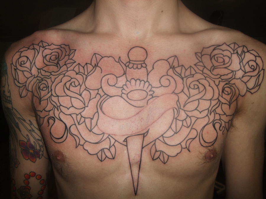 Awesome Flowers and Ribbon-wrapped Dagger Chest Piece Tattoo Designs for Men