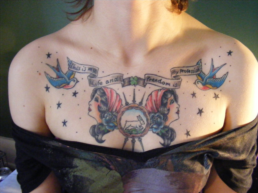 “Life and Freedom” Chest Piece Tattoo Design for Women