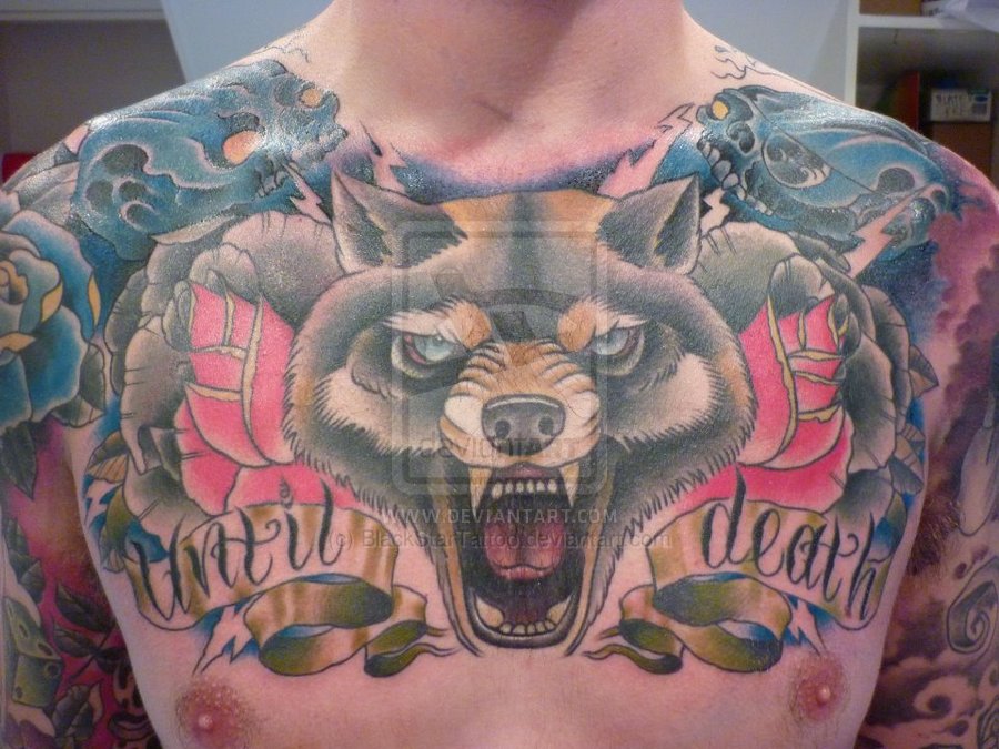 Awesome “Until Death” Wolf Chest Piece Tattoo by Blackstartattoo