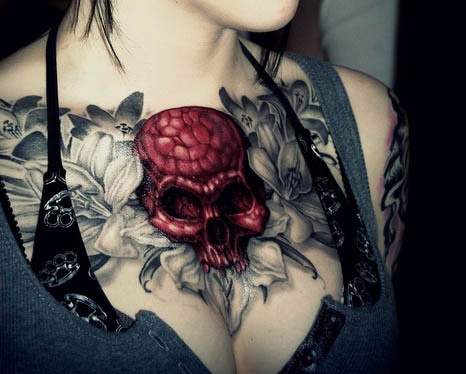 chest red skull tattoos for women