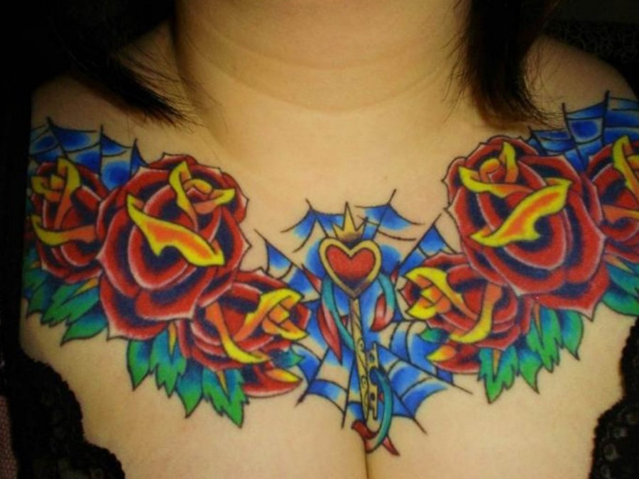 Heart Rose Chest Tattoo Design For Women