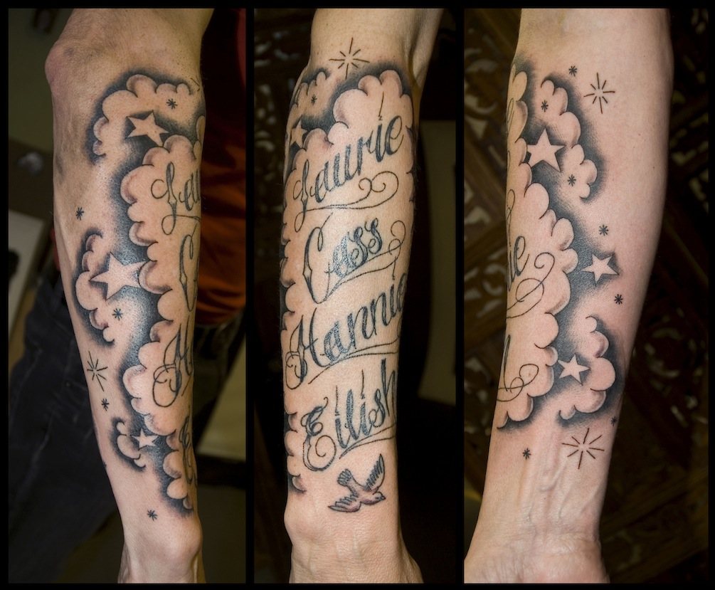Tattoo Names In Script Lettering Chicano Style With Stars And Clouds, Cloud...