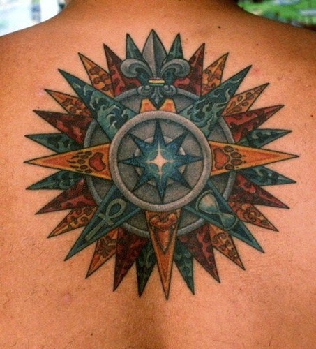 Color Tattoo on Upper Back – Compass Rose Tatoos
