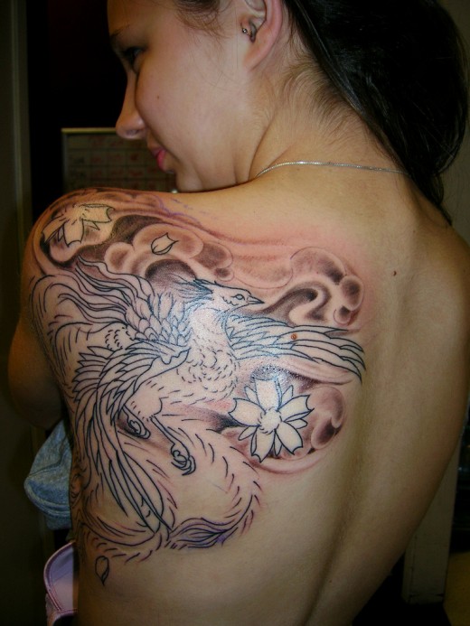 Beautiful Back-Shoulder Mythical Phoenix Bird Tattoo Design for Women