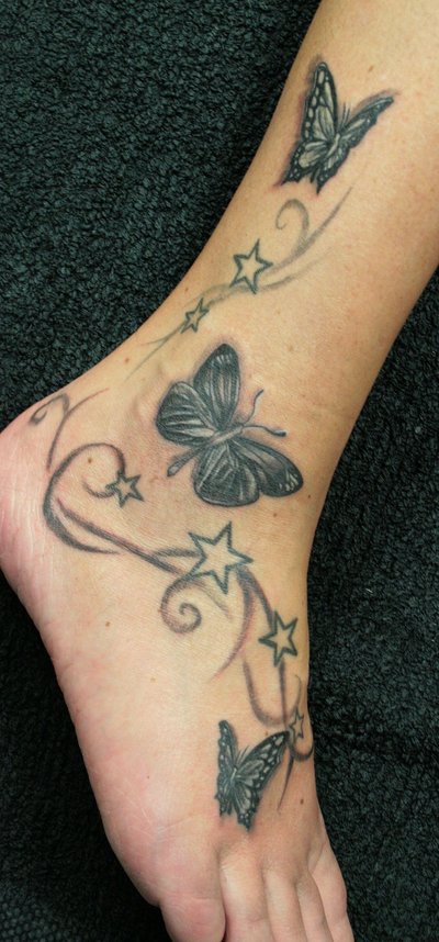 Feminine Ankle / Feet Swirly Stars and Butterflies Tattoo Design for Women