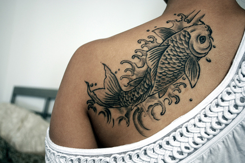Koi Fish Back Shoulder Tattoo