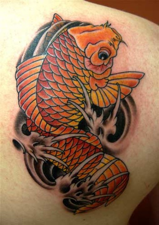 Red Koi Fish Tattoo On Back Shoulder