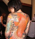 Awesome Full Back Orange Koi Coy Fish Shaped Tattoo Design