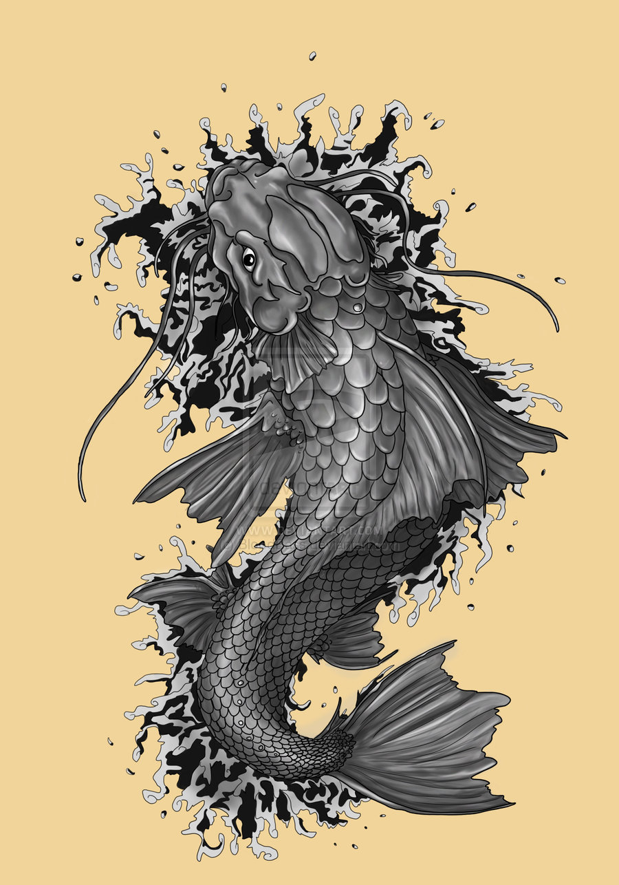 Awesome Grey Koi Coy Fish Tattoo Design Sketch