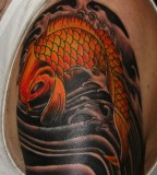 Superb Orange Colored Koi Coy Fish Tattoo Design on Right Arm