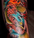 Marvelous Colorful Koi Coy Fish Tattoo Design on Leg