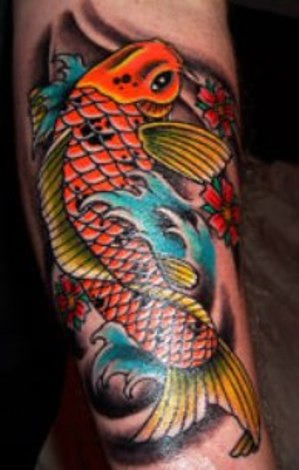 Marvelous Colorful Koi Coy Fish Tattoo Design on Leg