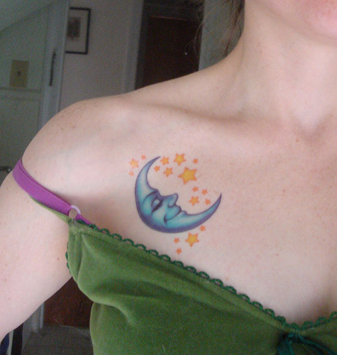 Cute Colorful Girl’s Crescent Moon And Star Tattoo