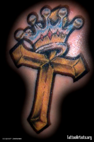 Colourful Cross And Crown Tattoo Artists