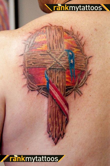 Wooden Cross With Crown Of Thorns Religious Tattoo