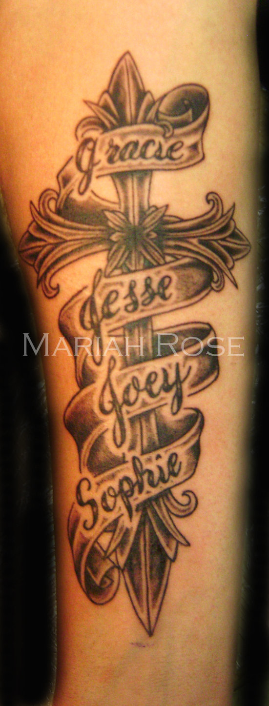 Cross With Names In Banner Cross Tattoos
