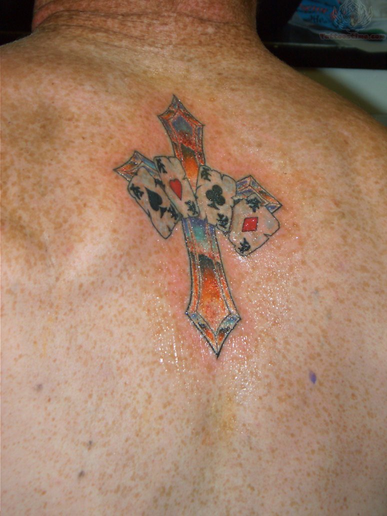 Cards And Cross Tattoo On Back For Man